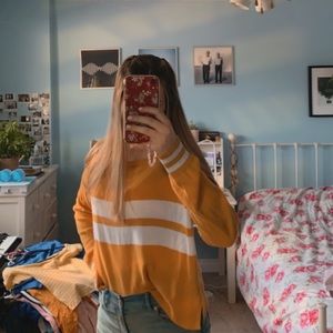yellow sweater with white stripe 😁🤍
